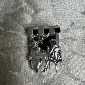 Vintage Signed A.J.C Silver Tone Couple At Cafe Mirror Window 2"  Brooch‎ Pin